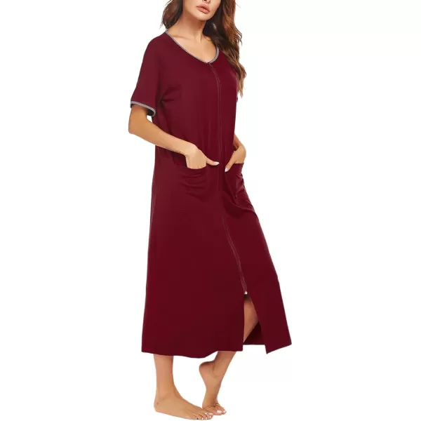 Ekouaer Women Robes Zipper Front Short Sleeve Full Length Housecoat with Pockets Loungewear S4XLWine Red