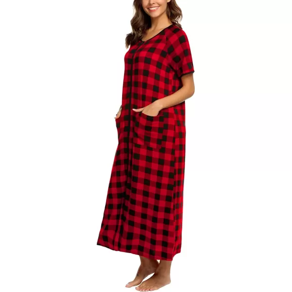 Ekouaer Women Robes Zipper Front Short Sleeve Full Length Housecoat with Pockets Loungewear S4XLYdl1redblack Plaid