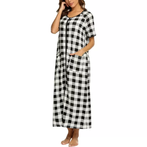 Ekouaer Women Robes Zipper Front Short Sleeve Full Length Housecoat with Pockets Loungewear S4XLYdl2blackwhite Plaid