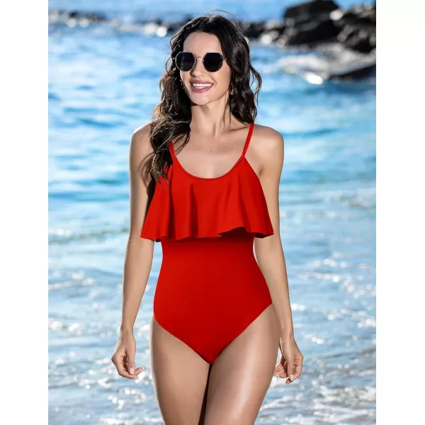 Ekouaer Women Ruffled One Piece Bathing SuitRed