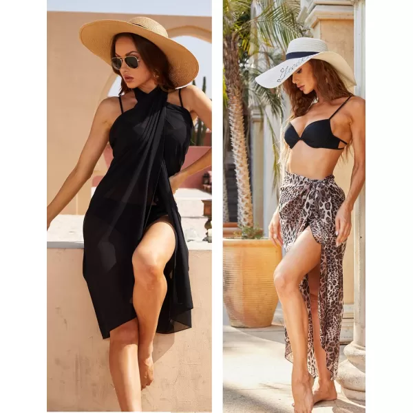 Ekouaer Women Sarong Swimsuit Coverups Chiffon Long Bikini Wraps Sheer Beach Bathing Suit Cover UpB2 Piece Blackleopard