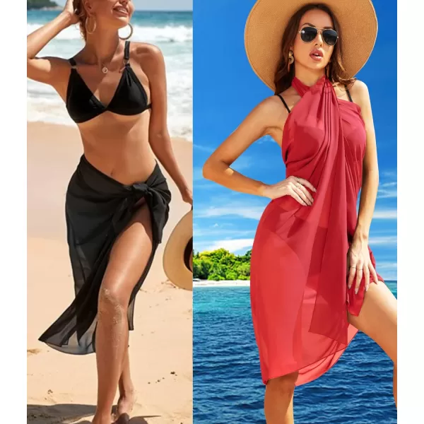 Ekouaer Women Sarong Swimsuit Coverups Chiffon Long Bikini Wraps Sheer Beach Bathing Suit Cover UpB2 Piece Blackred