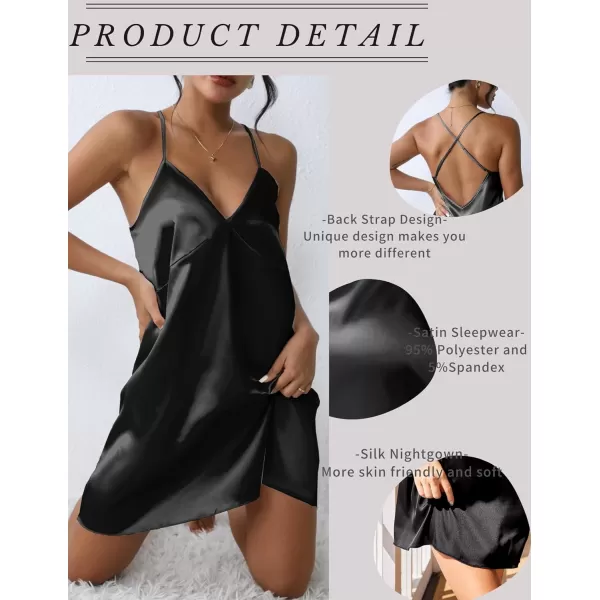 Ekouaer Women Satin Nightgown Sleepwear Full Slip Dress Lingerie Dress Silk Mini Slip Chemise SXXLBlack