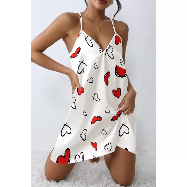 Ekouaer Women Satin Nightgown Sleepwear Full Slip Dress Lingerie Dress Silk Mini Slip Chemise SXXLLove Print White