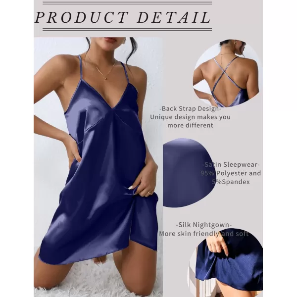 Ekouaer Women Satin Nightgown Sleepwear Full Slip Dress Lingerie Dress Silk Mini Slip Chemise SXXLNavy Blue