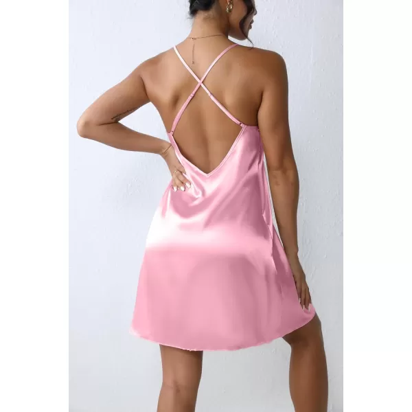 Ekouaer Women Satin Nightgown Sleepwear Full Slip Dress Lingerie Dress Silk Mini Slip Chemise SXXLPink