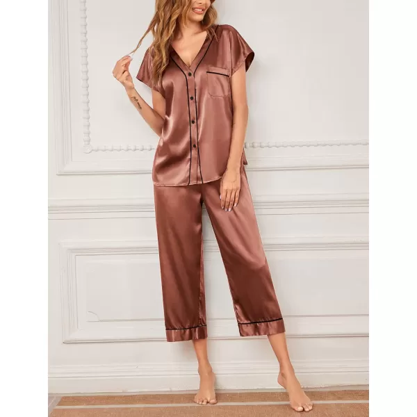 Ekouaer Women Satin Pajamas Set Button Up Nightgown Short Sleeve VNeck Sleepwear Two Piece Shorts Set Nightwear S2XLBrown