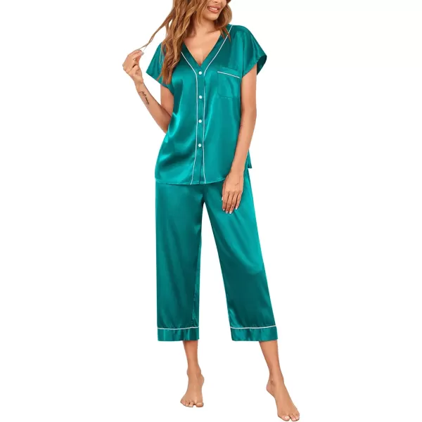 Ekouaer Women Satin Pajamas Set Button Up Nightgown Short Sleeve VNeck Sleepwear Two Piece Shorts Set Nightwear S2XLDark Cyan