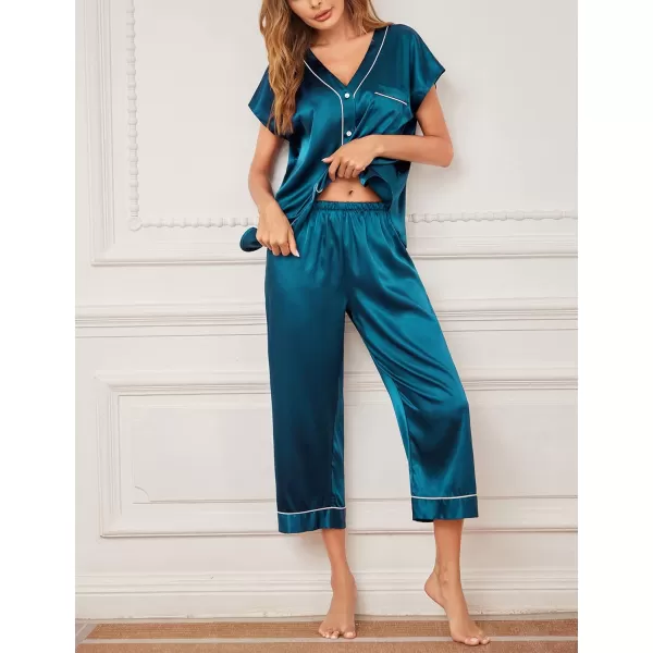 Ekouaer Women Satin Pajamas Set Button Up Nightgown Short Sleeve VNeck Sleepwear Two Piece Shorts Set Nightwear S2XLDark Green