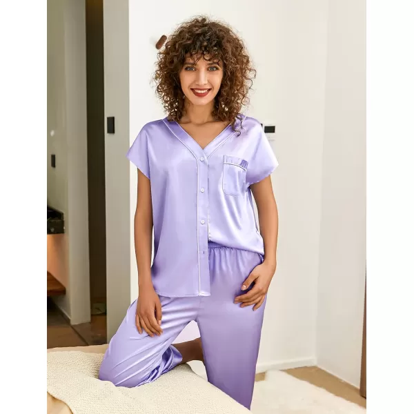 Ekouaer Women Satin Pajamas Set Button Up Nightgown Short Sleeve VNeck Sleepwear Two Piece Shorts Set Nightwear S2XLLight Purple