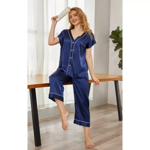 Ekouaer Women Satin Pajamas Set Button Up Nightgown Short Sleeve VNeck Sleepwear Two Piece Shorts Set Nightwear S2XLNavy Blue