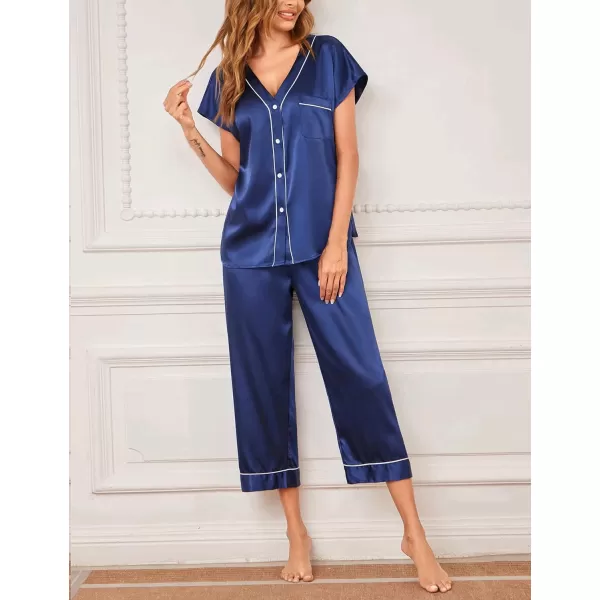 Ekouaer Women Satin Pajamas Set Button Up Nightgown Short Sleeve VNeck Sleepwear Two Piece Shorts Set Nightwear S2XLNavy Blue