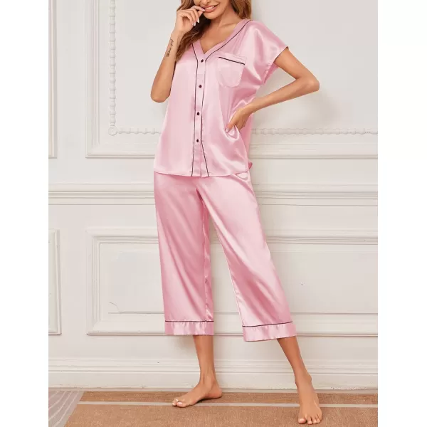 Ekouaer Women Satin Pajamas Set Button Up Nightgown Short Sleeve VNeck Sleepwear Two Piece Shorts Set Nightwear S2XLPink