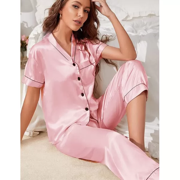 Ekouaer Women Satin Pajamas Set Button Up Nightgown Short Sleeve VNeck Sleepwear Two Piece Shorts Set Nightwear S2XLPink