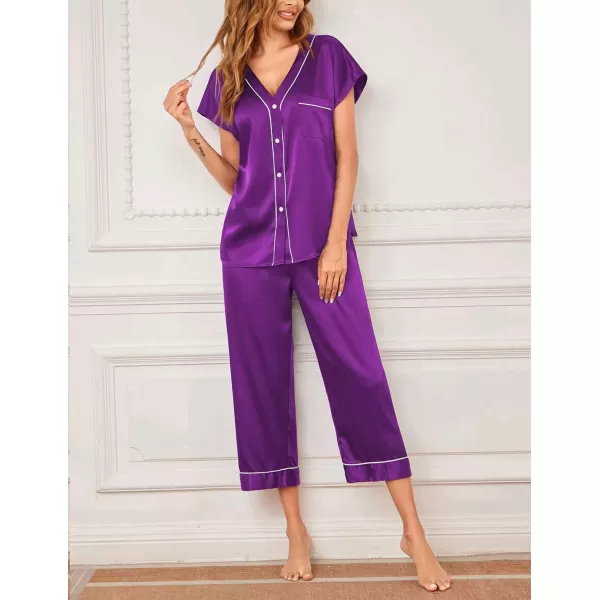 Ekouaer Women Satin Pajamas Set Button Up Nightgown Short Sleeve VNeck Sleepwear Two Piece Shorts Set Nightwear S2XLPurple