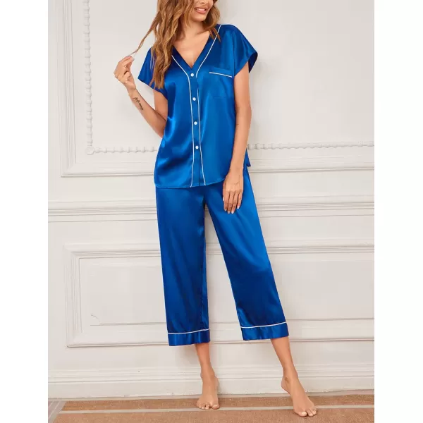 Ekouaer Women Satin Pajamas Set Button Up Nightgown Short Sleeve VNeck Sleepwear Two Piece Shorts Set Nightwear S2XLRoyal Blue