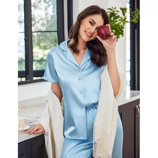 Ekouaer Women Satin Pajamas Set Short Sleeve Capri Sleepwear Silk Button Down Nightwear TwoPiece LoungewearLight Blue