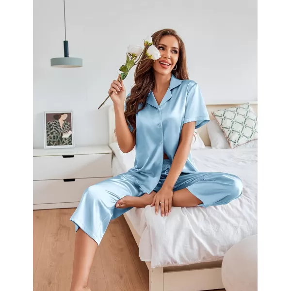 Ekouaer Women Satin Pajamas Set Short Sleeve Capri Sleepwear Silk Button Down Nightwear TwoPiece LoungewearLight Blue