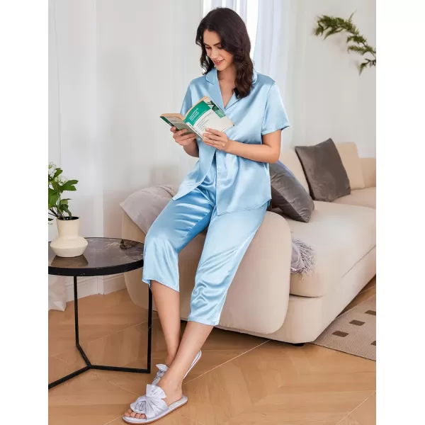 Ekouaer Women Satin Pajamas Set Short Sleeve Capri Sleepwear Silk Button Down Nightwear TwoPiece LoungewearLight Blue