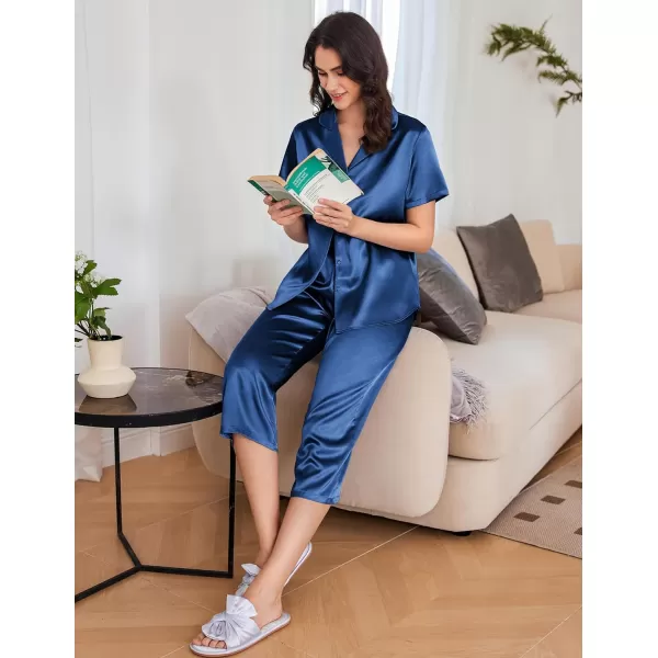 Ekouaer Women Satin Pajamas Set Short Sleeve Capri Sleepwear Silk Button Down Nightwear TwoPiece LoungewearNavy Blue