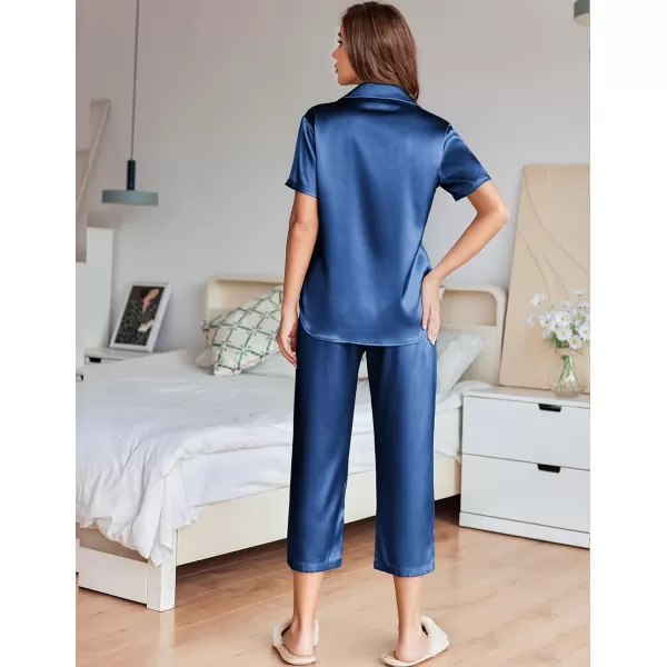 Ekouaer Women Satin Pajamas Set Short Sleeve Capri Sleepwear Silk Button Down Nightwear TwoPiece LoungewearNavy Blue