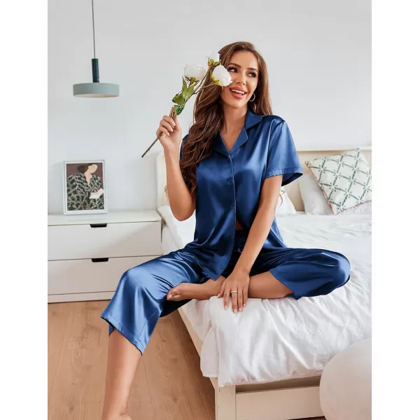 Ekouaer Women Satin Pajamas Set Short Sleeve Capri Sleepwear Silk Button Down Nightwear TwoPiece LoungewearNavy Blue