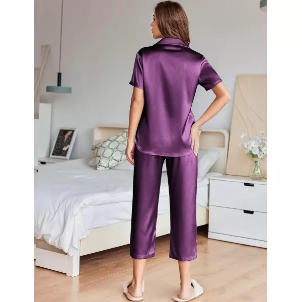 Ekouaer Women Satin Pajamas Set Short Sleeve Capri Sleepwear Silk Button Down Nightwear TwoPiece LoungewearPurple Wine