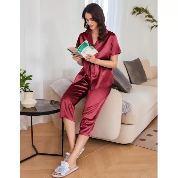 Ekouaer Women Satin Pajamas Set Short Sleeve Capri Sleepwear Silk Button Down Nightwear TwoPiece LoungewearRed