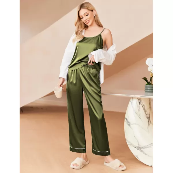 Ekouaer Women Satin Pajamas Silk Sleeveless Pjs Set Soft Camisole Tops and Pants with Pockets SXXLArmy Green