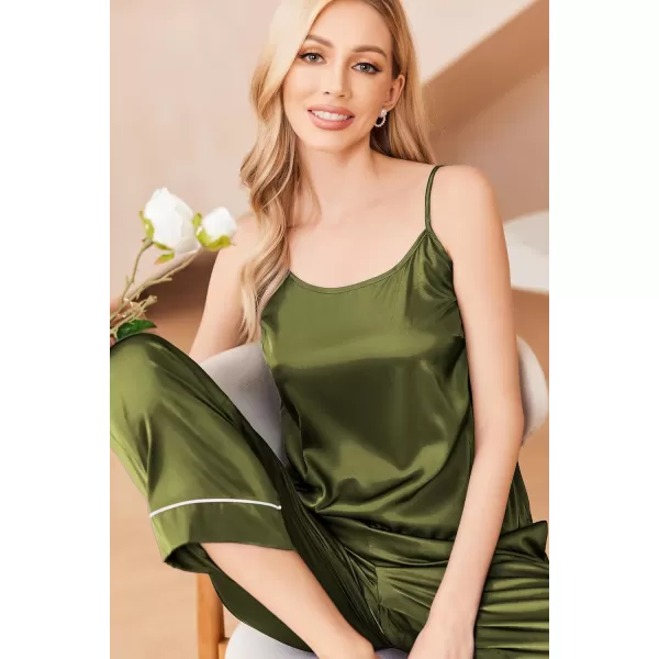 Ekouaer Women Satin Pajamas Silk Sleeveless Pjs Set Soft Camisole Tops and Pants with Pockets SXXLArmy Green