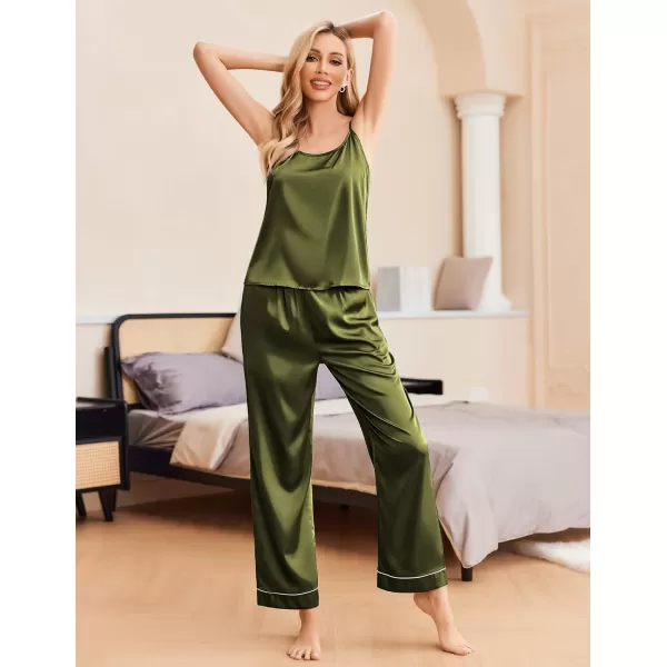 Ekouaer Women Satin Pajamas Silk Sleeveless Pjs Set Soft Camisole Tops and Pants with Pockets SXXLArmy Green