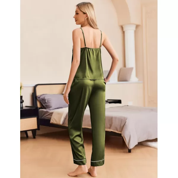 Ekouaer Women Satin Pajamas Silk Sleeveless Pjs Set Soft Camisole Tops and Pants with Pockets SXXLArmy Green