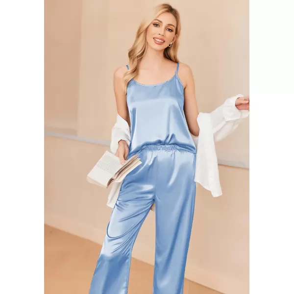 Ekouaer Women Satin Pajamas Silk Sleeveless Pjs Set Soft Camisole Tops and Pants with Pockets SXXLClear Blue