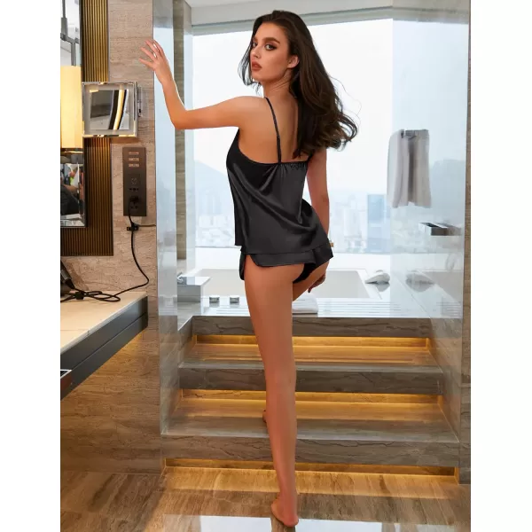 Ekouaer Women Satin Silk Pajamas Camisole Shorts SetBlack