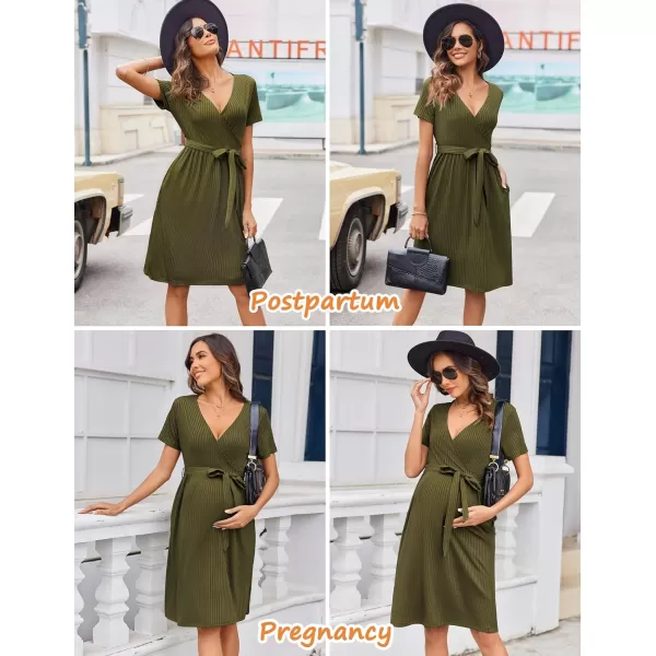 Ekouaer Women Short Sleeve Maternity Nursing Dress Casual V Neck Breastfeeding Loungewear Ribbed Knit Pregnancy Dresses SXXLArmy Green