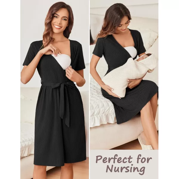 Ekouaer Women Short Sleeve Maternity Nursing Dress Casual V Neck Breastfeeding Loungewear Ribbed Knit Pregnancy Dresses SXXLBlack