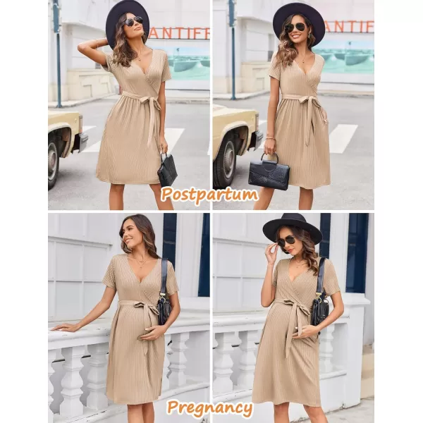 Ekouaer Women Short Sleeve Maternity Nursing Dress Casual V Neck Breastfeeding Loungewear Ribbed Knit Pregnancy Dresses SXXLBrown