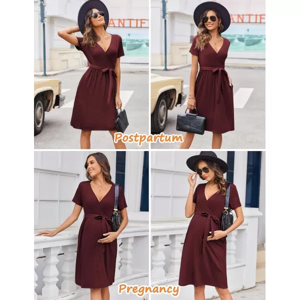 Ekouaer Women Short Sleeve Maternity Nursing Dress Casual V Neck Breastfeeding Loungewear Ribbed Knit Pregnancy Dresses SXXLDark Red