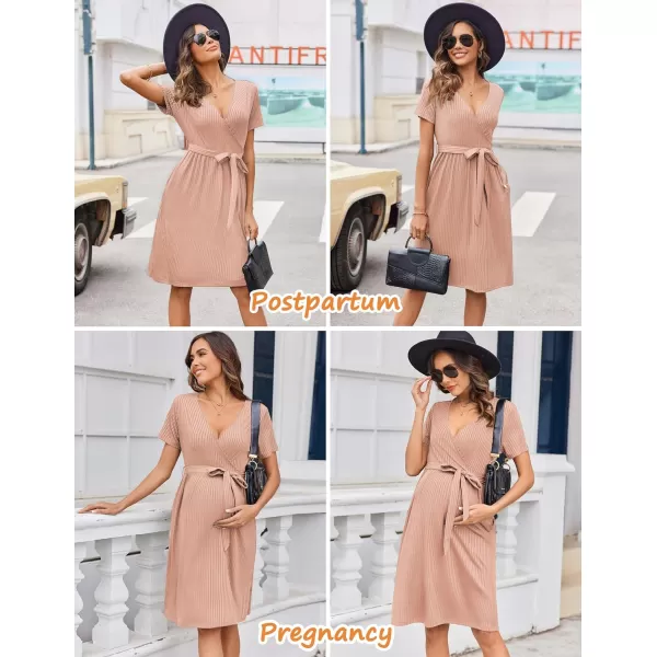 Ekouaer Women Short Sleeve Maternity Nursing Dress Casual V Neck Breastfeeding Loungewear Ribbed Knit Pregnancy Dresses SXXLLight Pink