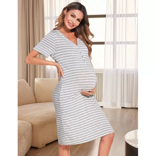 Ekouaer Women Short Sleeve Nightgown Striped Nursing Nightgown Breastfeeding Sleep DressGrey