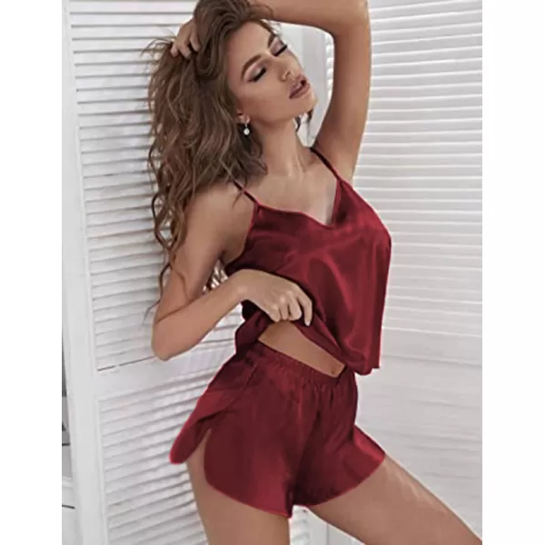 Ekouaer Women Silk Camisole Pajamas Shorts SetDark Red