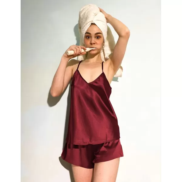 Ekouaer Women Silk Camisole Pajamas Shorts SetDark Red