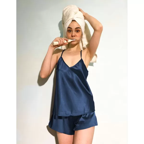 Ekouaer Women Silk Camisole Pajamas Shorts SetNavy Blue