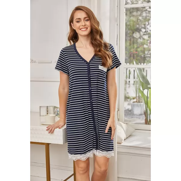 Ekouaer Women Striped Nightgowns Button Down Sleepshirts01 Acnavy Blue Striped