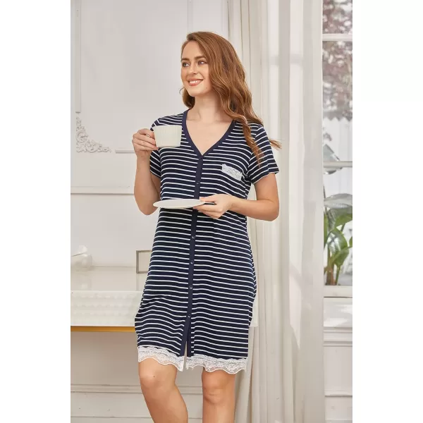 Ekouaer Women Striped Nightgowns Button Down Sleepshirts01 Acnavy Blue Striped