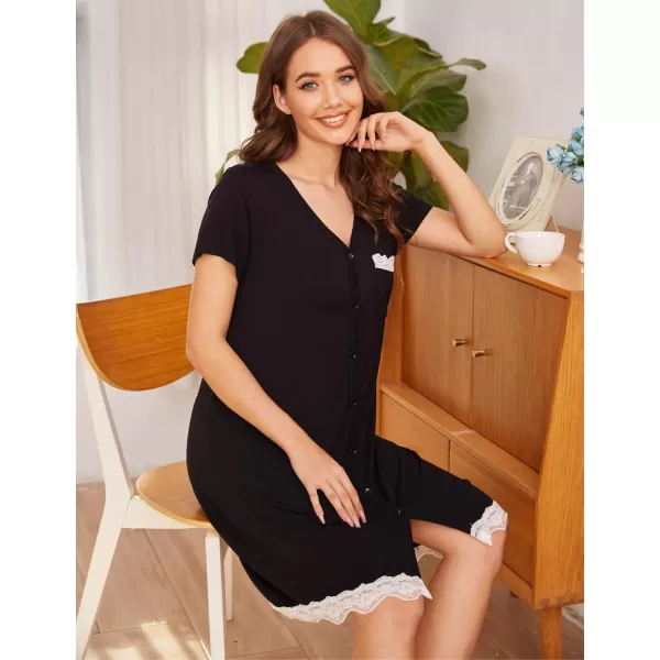 Ekouaer Women Striped Nightgowns Button Down Sleepshirts01 Black