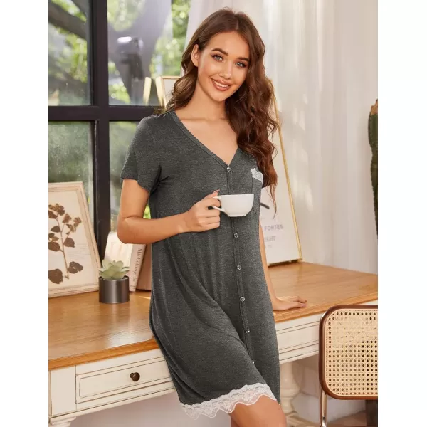 Ekouaer Women Striped Nightgowns Button Down SleepshirtsDark Grey