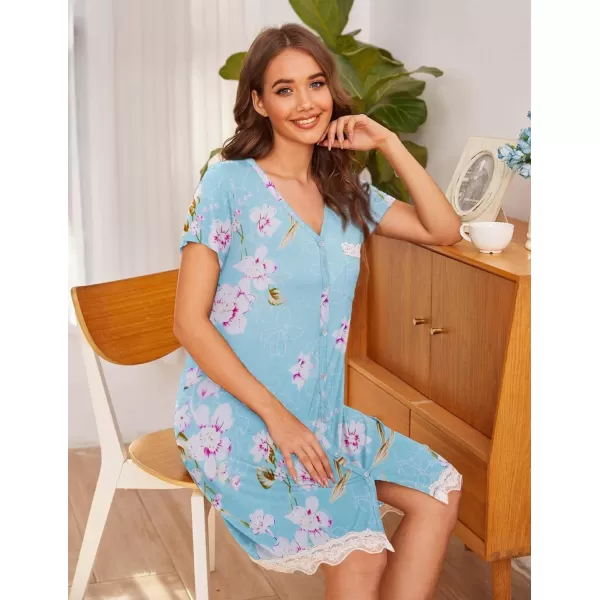 Ekouaer Women Striped Nightgowns Button Down SleepshirtsLight Blue Flower Print