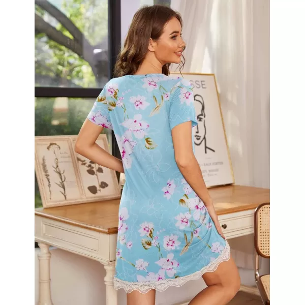 Ekouaer Women Striped Nightgowns Button Down SleepshirtsLight Blue Flower Print