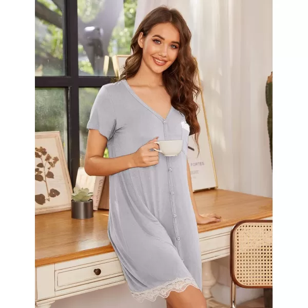 Ekouaer Women Striped Nightgowns Button Down SleepshirtsLight Grey